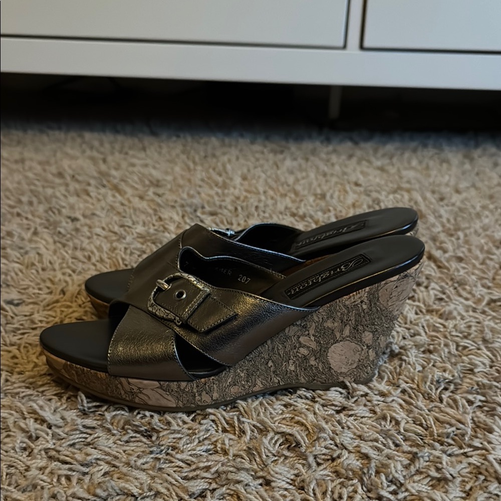 Brighton Summer Pewter Leather Cork Wedges - Picture 2 of 5